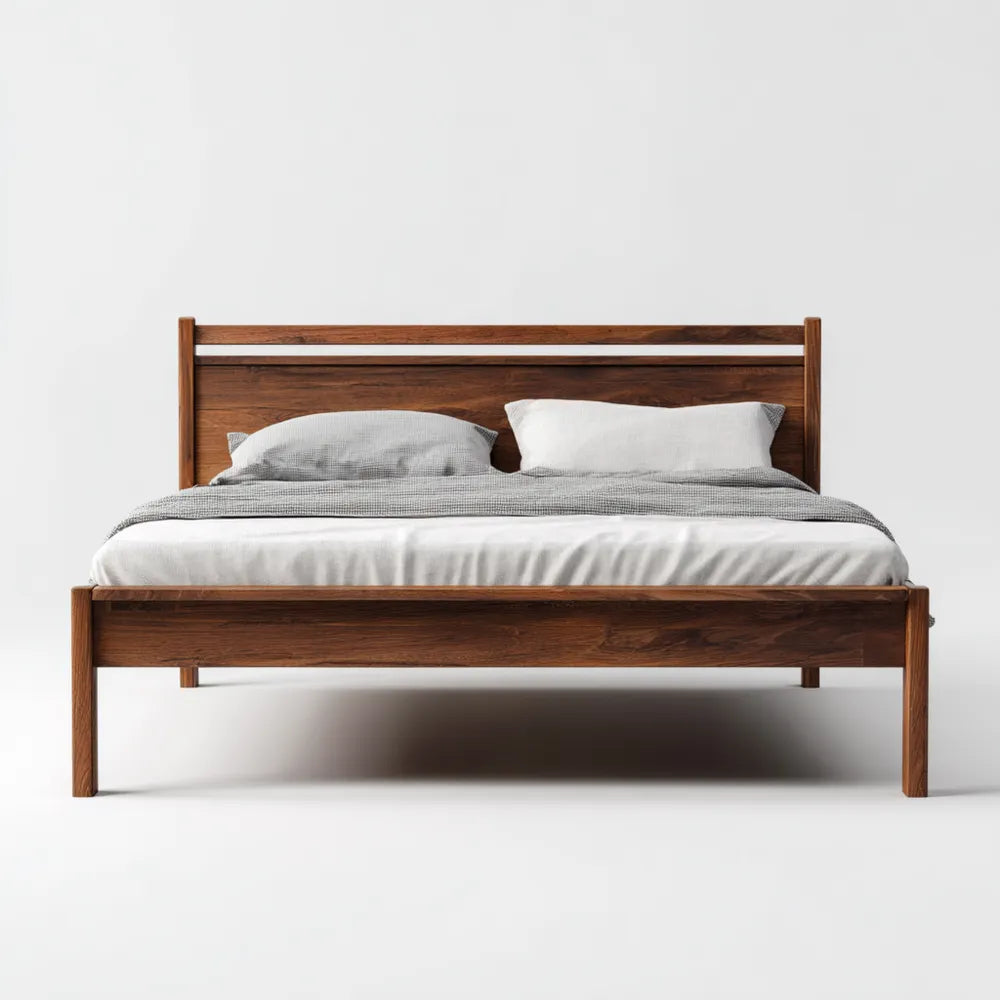 Double Bed Solid Wood Frame - 200x150x100 cm - Walnut Finish - Modern Design