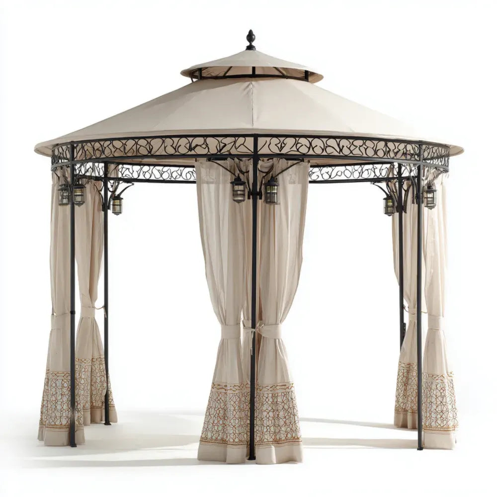 Circular Gazebo 3.6m x 3.6m x 2.8m Steel Frame Beige Canopy with Curtains – Elegant Design