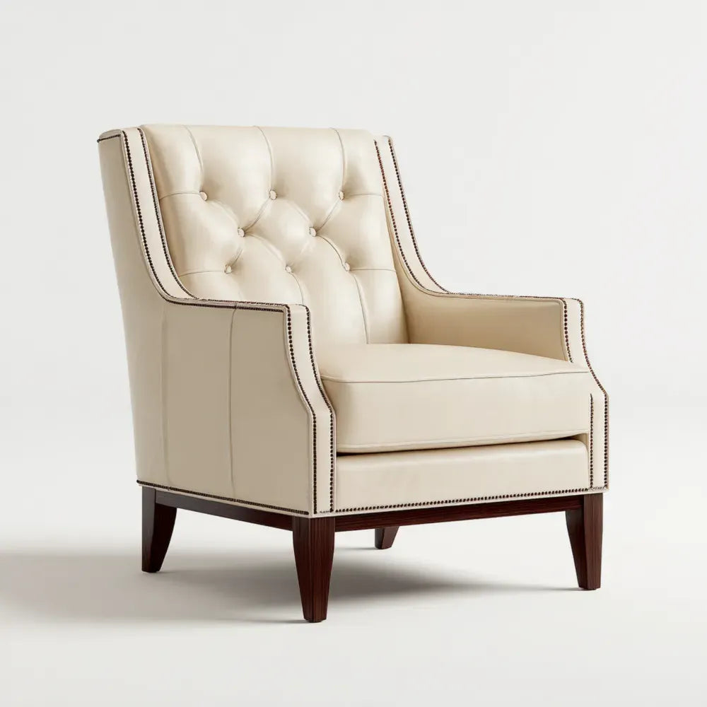Leather Armchair with Button Tufting - 75x85x90 cm - Cream